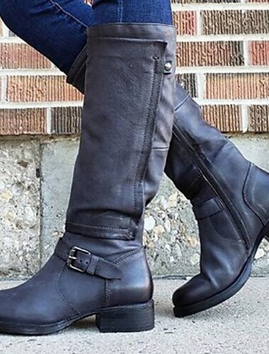  Mujer Botas Botas de Equitación Exterior Diario Color sólido Botas hasta la rodilla Invierno Hebilla Tacón Bajo Dedo redondo Punk Vintage Casual Zapatos de Paseo Cuero Sintético PU Cremallera Negro