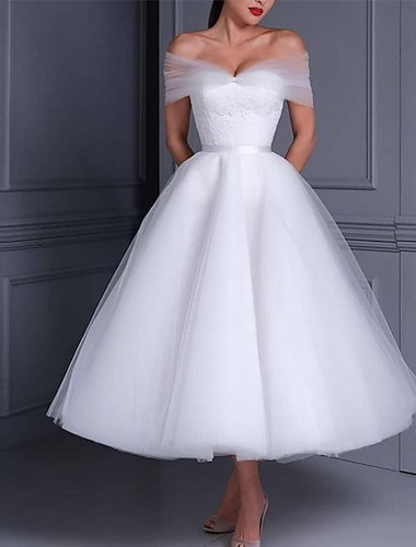  Réception Petite Robe Blanche Robes de Douche Nuptiale Robes de Mariée Ball Gown Off Shoulder Cap Sleeve Tea Length Dentelle Robes Nuptiales Avec Plis Appliqués 2025