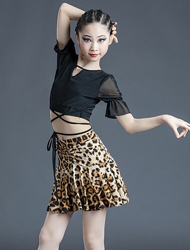  Παιδικά Ρούχα Χορού Φούστες Leopard Εκτύπωση Πλισέ Κόψιμο Κοριτσίστικα Επίδοση Εκπαίδευση Κοντομάνικο Πολυεστέρας