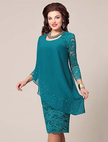  Women's Midi Dress Party Dress Work Dress Sheath Dress Church Dress Mature Elegant Dress Office Date Tea Party Regular Fit Pure Color 3/4 Length Sleeve Crew Neck Navy Blue Blue Green Spring Fall