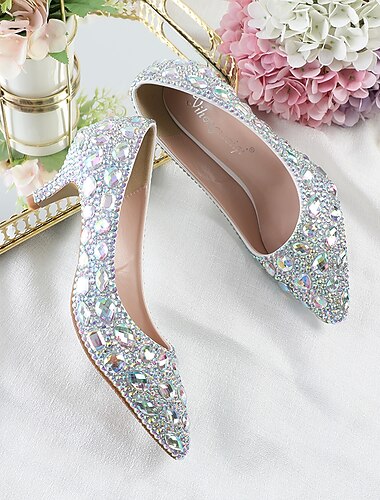  kvinners sølv rhinestone spisse kattunge hæler – elegant lav hæl brude bryllup og kveldsfest