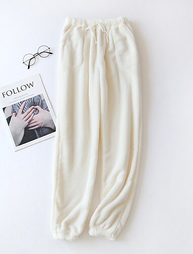  Damen Pyjamahose Pjs reine Farbe schlichter Plüsch Komfort Zuhause Alltagsbett Fleece Geschenk lange Hose elastische Taille Herbst Winter Home Outfits