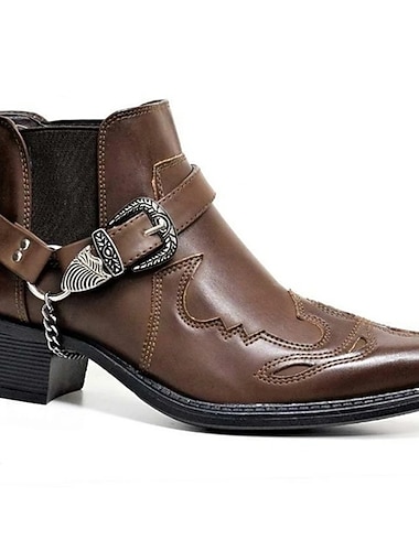  バックルストラップと刺繍のディテールが施されたメンズブラックフェイクレザーウエスタンモーターサイクルブーツ - バイカーやカジュアルウェアに最適なアンクルブーツ