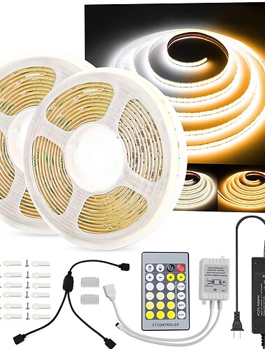  32.8ft 10m cob flexbile neon led strip light waterproof ir24 key controller with 24v adapter warm cold white for cabinet bedroom kitchen tv mirror