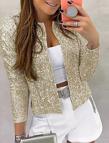  Women's Sequin Sparkling Cardigan Jacket Long Sleeve Open Front Slim Fit Sequined Spring Fashion Open Stitch Coat With Pure Color For Party Casual Fashion Spring & Fall