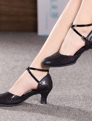  Zilveren glitter ballroom dansschoenen voor dames met enkelbandje – glinsterende latin salsa feestschoenen met middelhoge hak voor bruiloften en speciale gelegenheden