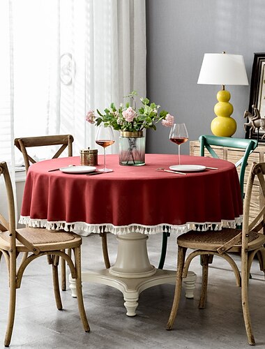  Nappe ronde en tissu rustique avec pompon, nappes pour tables rondes, infroissable, résistante aux taches, couverture de table d'extérieur pour les repas de fête, nappes rondes