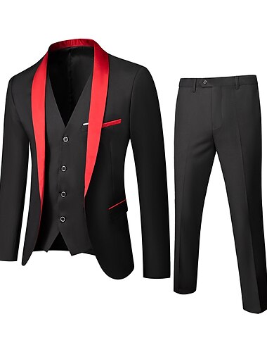  Esmoquin negro rojo burdeos para fiesta de boda y noche para hombre, color sólido, 3 piezas, ajuste estándar, un solo pecho, un botón, 2024