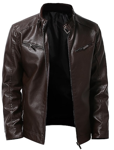  Herren Kunstlederjacke übergangsjacke Jacke Bikerjacke Ausgehen Winddicht Niete Vollreißverschluss Frühling Herbst Einfarbig Lässig Stehkragen Regulär Normale Passform Schwarz Wein Braun Jacken
