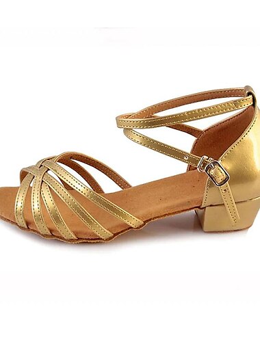  Gesellschaftstanzschuhe für Mädchen - hellbraune Riemchensandalen aus Satin für lateinamerikanische Tänze mit niedrigem Absatz und Fesselriemen