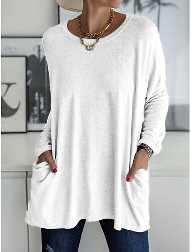  Damen T Shirt Glatt Modisch Langarm Rundhalsausschnitt Normale Oberteile Täglich Wochenende Tasche Schwarz Weiß Rosa Khaki Grau Frühling & Herbst