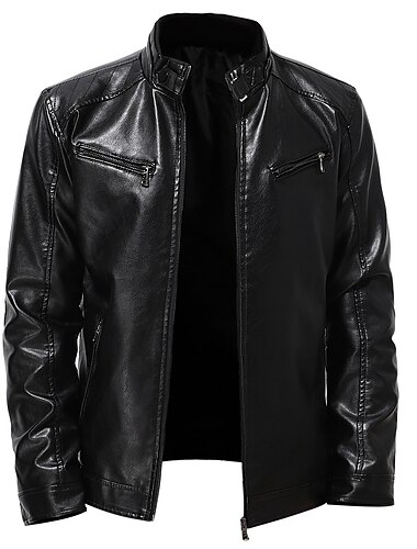  Voor heren Jas van imitatieleer Overgangsjack Jas Bikerjack Uitgaan Winddicht Siernagel Volledige ritssluiting Lente Herfst Effen Kleur Casual Opstaand Normaal Normale pasvorm Zwart Wijn Bruin Jacks