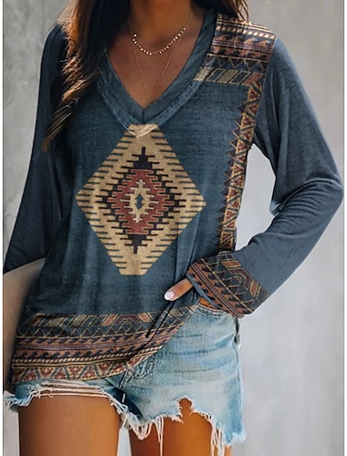 Dames Plus Size T-shirt Tuniek Grafisch Geometrisch Vintage Basis Lange Mouw V Hals Lange Tops Dagelijkse Weekend Print Blauw Khaki Herfst  Winter