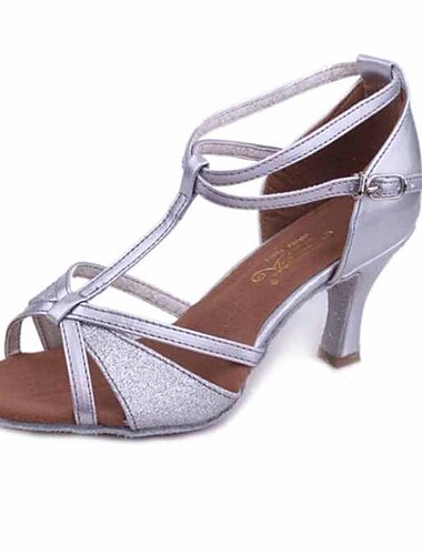  Damen-Tanzsandalen mit goldenem Glitzer, Fesselriemchen und mittelhohem Absatz – perfekt für Gesellschafts- und lateinamerikanische Tänze