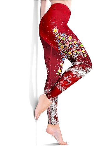  Femmes Pantalon de yoga Lifting des fesses Contrôle du ventre Taille haute Entraînement en salle Course Fitness Leggings raccourcis Noël joyeux Noël Rouge Automne Des sports Tenues de Sport Haute