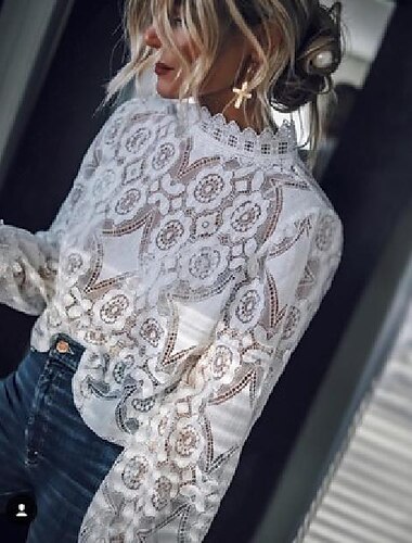  Women's Shirt Blouse Black White Plain See Through Long Sleeve Casual Daily Round Neck S