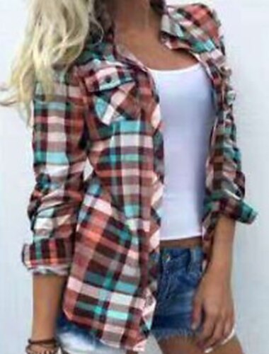  Dam Skjorta Blus Shacket Gul Rubinrött Blå Rutig Färgblock Knapp Mönster Långärmad Dagligen Helgen Streetwear Ledigt Tröjkrage Normal S
