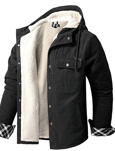  Herren Sherpa gefütterte Fleece Kapuzen-Hemdjacke Wattierte Jacke Mantel Arbeitsflanell Button-Down-Hemdjacke Winter Outdoor thermisch warm winddicht leichte Oberbekleidung Parka Jagd Ski Snowboard Angeln