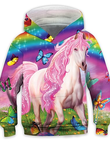  Kinder Mädchen Kapuzenshirt Langarm Rosa 3D-Druck Regenbogen Einhorn Tier Tasche Täglich Innen Outdoor Aktiv Modisch Täglich Sport 3-12 Jahre