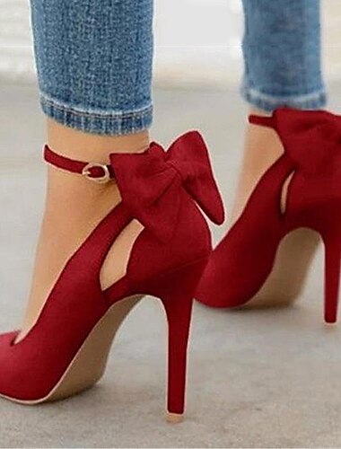  talons aiguilles rouges pour femmes avec détail nœud et bride à la cheville - escarpins de fête élégants en daim