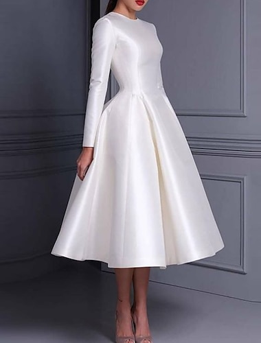  Βραδινή τουαλέτα Κοκτέιλ Φορέματα χαριτωμένο στυλ Φόρεμα Γάμου Κάτω από το γόνατο Μακρυμάνικο Με Κόσμημα Φθινοπωρινός καλεσμένος γάμου Σατέν με Πλισέ Καθαρό Χρώμα 2024