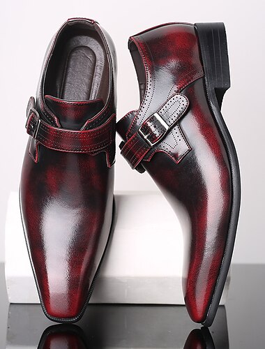  Sapatos sociais masculinos estilo monge, cor bordô – sapatos formais de couro sintético brilhante com bico quadrado para casamentos, negócios e eventos noturnos