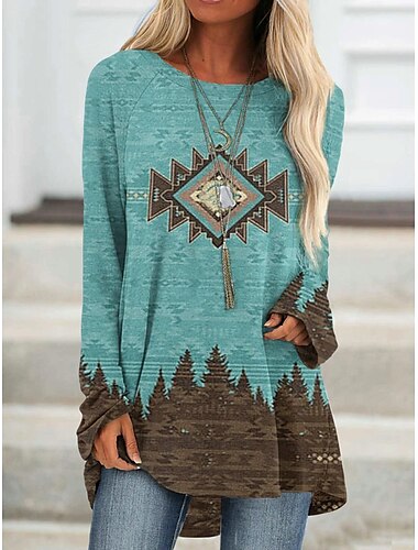  Damen T Shirt Tunika Marron Gelb Hellgrün Geometrisch Plaid Bedruckt Langarm Casual Tuniken Vintage Ethnisch Rundhalsausschnitt Lang Böhmisches Thema Geometrisch Übergröße S