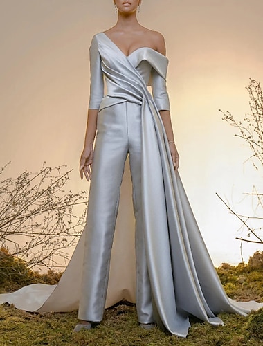  Ολόσωμη φόρμα Βραδινά φορέματα Κομψό Φόρεμα Αρραβώνας Επίσημο Βραδινό Ουρά μέτριου μήκους Μισό μανίκι Ώμοι Έξω Σατέν με Πλισέ Φούστα 2024