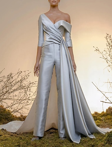  Monos vestido elegante compromiso formal noche tren de corte media manga hombros descubiertos satén con pliegues sobrefalda 2025