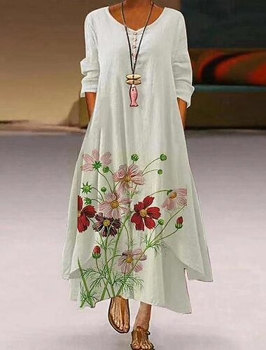  Damen Freizeitkleid Blumendruck asymmetrisch Langarm rot A-Linie locker bequem Frühling Herbst Multi-Size Mode fließend