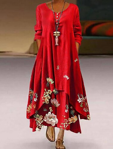  Women's Swing Dress Maxi long Dress Red Long Sleeve Print Pocket Print Spring Summer Round Neck Casual Vintage 2022 S M L XL XXL XXXL 4XL 5XL / Loose