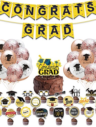  Abschlussfeier Zubehör, Abschlussfeier Dekorationen schwarz und gold 48 Stück, inklusive Glückwunsch-Banner grad schwarzgoldene Latexballons goldene Konfettiballons graduierten Kuchen Cupcake Topper