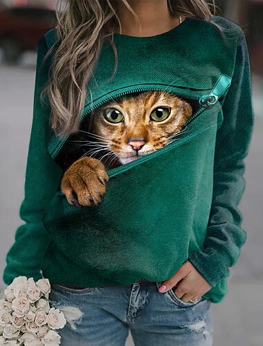  Damen-Sweatshirt, Pullover, Katze, 3D-Tierdruck, lässig, sportlich, 3D-Druck, aktiv, Streetwear, Hoodies, Sweatshirts, blau, lila, grün, bequem, atmungsaktiv, weicher Stoff