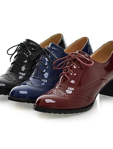  Women's Pumps Oxfords Brogue Dress Shoes Daily Solid Color Solid Colored Summer Block Heel Round Toe Classic British Patent Leather Lace-up Black Burgundy Blue