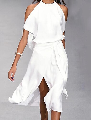  naisten line mekko midi mekko valkoinen musta harmaa hihaton puhdas väri haljattu kevät kesä kylmä olkapää persoonallinen tyylikäs tyylikäs löysä 2023 s m l xl xxl