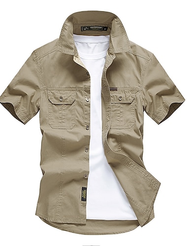  Herren Hemd Arbeitshemden Arbeitshemd Knopfhemd Cargohemd Schwarz Gelb Armeegrün Blau Khaki Kurzarm Einfach Einfarbig Kragen Umlegekragen Lässig Täglich Button-Down Bekleidung 100% Baumwolle Basic