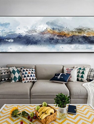  Ölgemälde handgemachte handbemalte Wandkunst gelb und blau Berg moderne Landschaft abstrakte Wohndekoration Dekor gestreckter Rahmen fertig zum Aufhängen