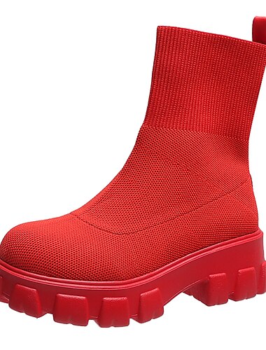  Rote Sockenstiefel für Damen mit dicker Plateausohle – Stiefeletten aus Stretch-Strick für Streetstyle, Herbstoutfits und Freizeitkleidung
