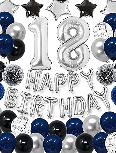  18ème décorations d'anniversaire bleu pour hommes garçon femmes fille, bleu marine noir argent joyeux anniversaire fournitures de fête avec pompons fleur ballon de confettis 18 ballon numéro en