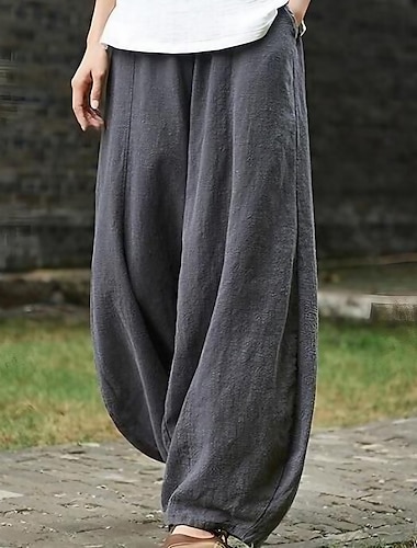  Femme Ample Chino Grande Taille Coton Poche Bouffant Toute la longueur Noir Automne