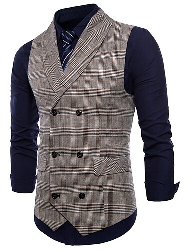  Herren Weste Geschäft Hochzeitsfeier Aktiv Smart Casual Frühling Herbst Polyester Plaid Doppelreihiger Verschluss Hemdkragen Schlank Braun Hellgrau Dunkelgray Weste