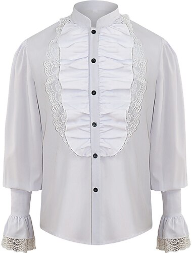  Retro Vintage Mittelalterlich Steampunk Bluse / Hemd Cosplay Kostüm Maskerade Ren Faire Gedicht Trompetenärmel Prinz Pirat Edelmann Spitze Plissiert Herren Seeräuber Fantasie königlich Halloween
