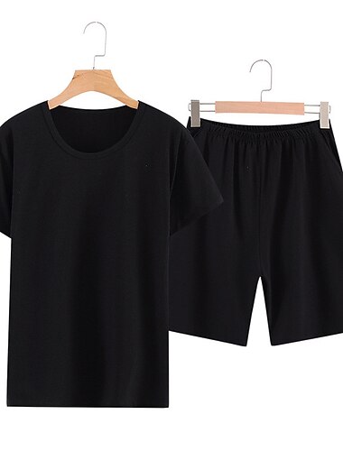  Hombre Ropa de salón Pijama Conjunto pijama Top de pijama y pantalones cortos 1 juego Color puro Moda Suave Hogar Cama Algodón Ligero Cuello Barco Manga Corta Bermudas Básico Otoño Primavera Negro