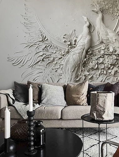  Papel tapiz blanco, mural de pared, papel tapiz 3d, pegatina de pared que cubre, adhesivo de impresión requerido, efecto de relieve 3d, lienzo de pájaro pavo real, decoración del hogar