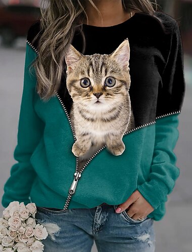  Damen Sweatshirt Pullover Katze 3D Druck Casual Sports 3D Druck Active Streetwear Hoodies Sweatshirts Blau Lila Schwarz Bequem Atmungsaktiv Weich Stoff