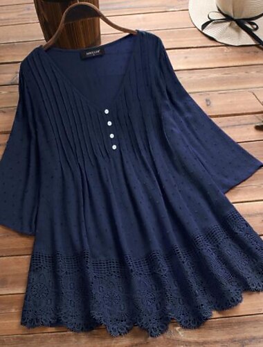  Damen Hemd Spitzenbluse Leinen-inspirierte Hemden Bluse Einfarbig Basic Lässig Dreiviertelarm V Ausschnitt Normale Oberteile Täglich Spitze Knöpfe Weiß Rosa Grün Dunkelblau Sommer Frühling Herbst
