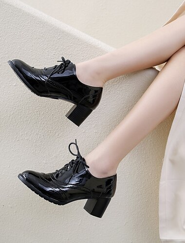  Mujer Escarpines Oxfords Bullock Zapatos Zapatos De Vestir Diario Color sólido Verano Con Cordón Tacón Cuadrado Dedo redondo Casual Minimalismo Microfibra Cordones Vino Negro Azul Oscuro