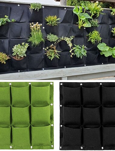  9 vertikale Taschen für den Garten, Pflanzbeutel zum Aufhängen, Pflanztöpfe, grün, schwarz, Pflanzgefäß, Gemüsegartenzubehör