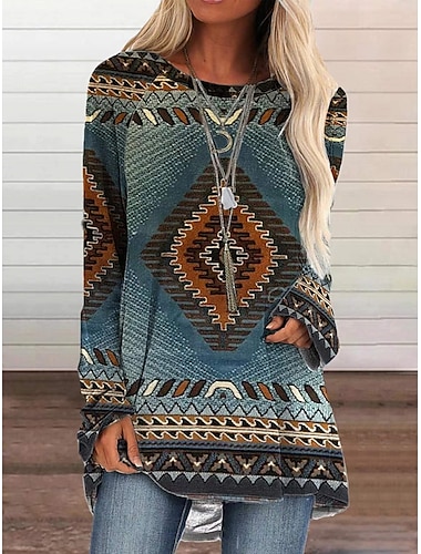  Dam Tunika Boho T-shirt T-shirt Grafisk Rutig Färgblock Vintage Etnisk Boho Långärmad Rund hals Vanliga toppar Ledigt Dagligen Utekväll Mönster Ljusblå Höst vinter