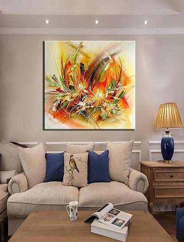  Hang-geschilderd olieverfschilderij Handgeschilderde Vierkant Bloemenmotief / Botanisch Modern Inclusief Inner Frame / Uitgerekt canvas